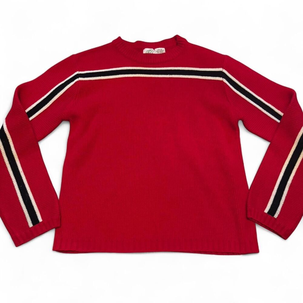 Source Unknown Red Crewneck Sweater with Black & White Stripe Detail